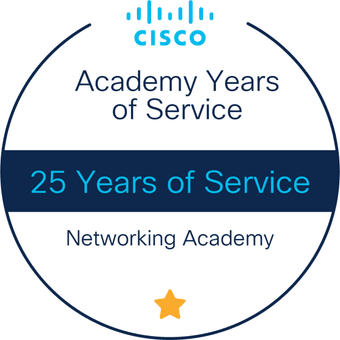 Circular badge with Cisco logo. Text reads: "Academy Years of Service, 25 Years of Service, Networking Academy," celebrating a technician's dedication to computer systems. A gold star is at the bottom.