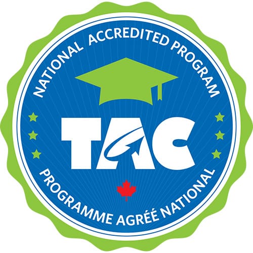 Circular blue and green badge featuring a graduation cap, "TAC," and "National Accredited Program / Programme agréé national" around the border, plus a small red maple leaf—recognizing Mining Engineering Technology Advanced Diploma achievement.