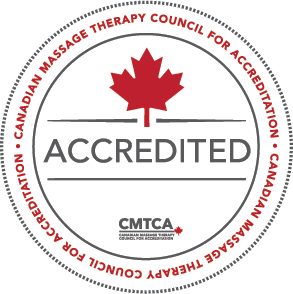 Circular badge with a red maple leaf and the word "ACCREDITED," highlighting recognition by the Canadian Massage Therapy Council for Accreditation—ideal for graduates of an Accelerated Massage Therapy Program.